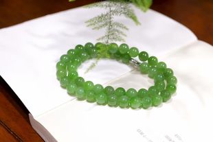 新疆直发正品和田玉碧玉项链10mm天然玉石带阳绿珠子带证书