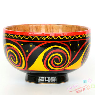 彝族民间漆器彩绘四川大凉山西昌特产手工艺品实木餐具家里小饭碗