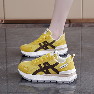 女5202 女增高休闲运动板鞋 2025年秋皮面厚底透气网面阿甘鞋 小白鞋