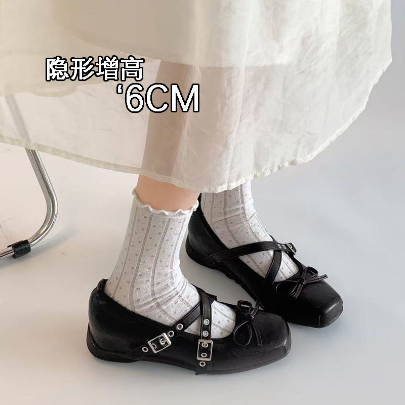 复古小众皮带扣内增高玛丽珍鞋女2026新款蝴蝶结软皮方头浅口单鞋