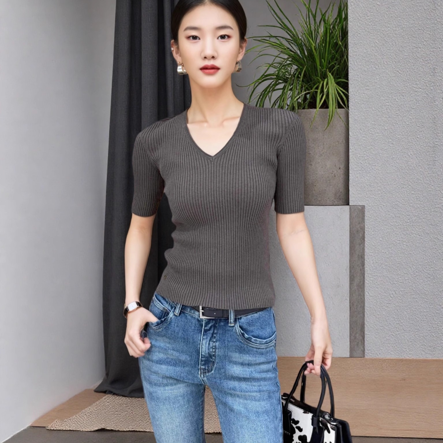 V领竖条显瘦羊毛针织短袖T恤