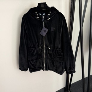 深圳南油高端外贸大牌同款 连帽黑色丝绒棉服夹棉外套 抽绳收腰长袖
