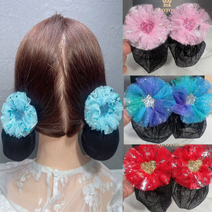 哪吒丸子头发网儿童蝴蝶结舞蹈演出盘发女孩可爱宝宝头饰女童网兜