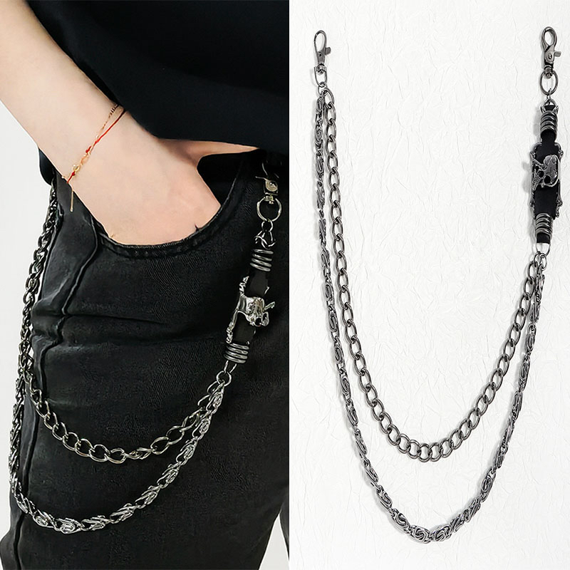 欧美嘻哈朋克裤链枪黑色骷髅头重工男女粗 牛仔裤链子街舞表演JK