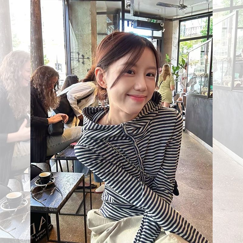 复古条纹连帽长袖T恤女2025早秋新款帽衫设计感独特修身显瘦上衣