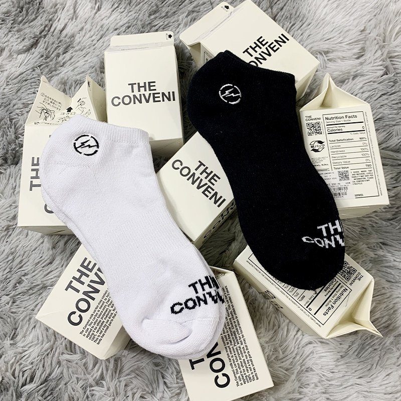 藤原浩闪电牛奶盒袜子刺绣fragment便利店黑白棉潮流运动船袜短袜