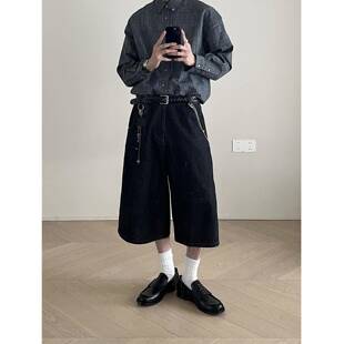 原牛丹宁宽松廓形水洗七分牛仔短裤男款夏季美式复古休闲阔腿裤子