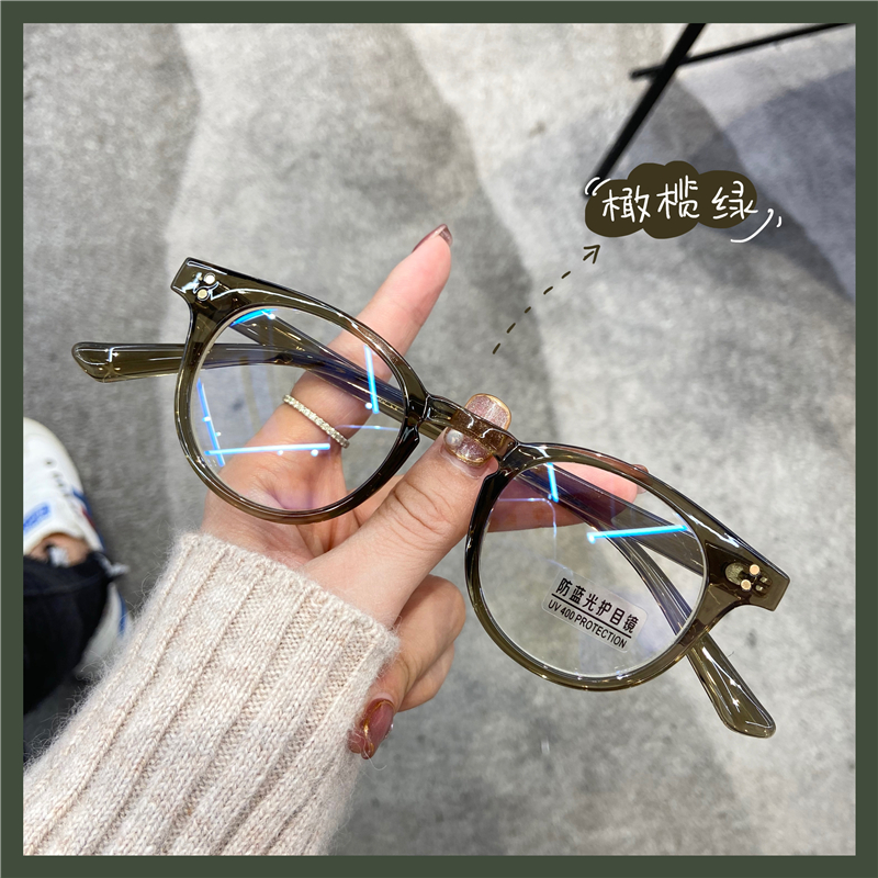 复古超轻TR显白橄榄绿色素颜眼镜