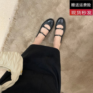 小香风复古双钻扣带玛丽珍鞋2024春季新款真皮拼色浅口平底单鞋女