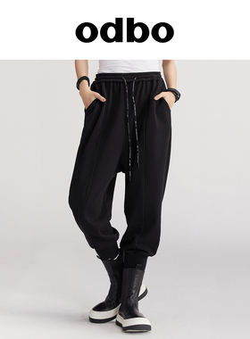 odbo 潮牌黑色高腰抽绳束脚卫裤女2022新款秋冬宽松运动休闲长裤