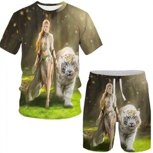 3D立体精灵老虎速干透气宽松大码 T恤套装 冰丝五分裤 短袖 短裤 夏季