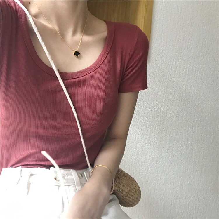 基础咖啡豆沙玫粉红黄绿U领短袖螺纹T恤女弹力薄款打底衫显瘦上衣