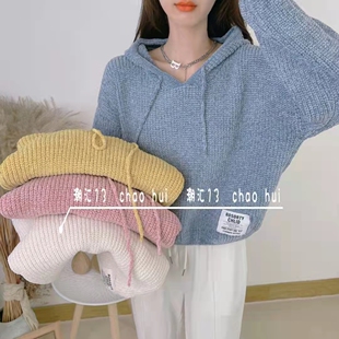 复古粉红天蓝黄雪尼绒带帽抽绳加厚针织衫毛衣女宽松学生上衣秋冬