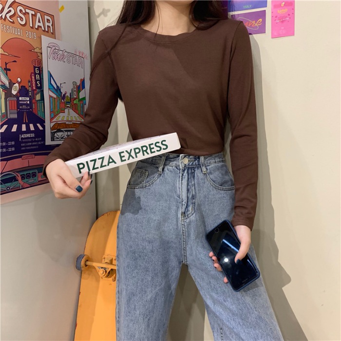 长袖弹力螺纹t恤女百搭打底