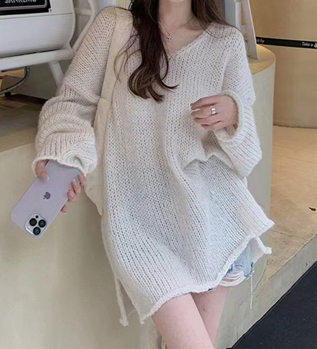 复古玫红V领长袖侧开叉温柔毛线衣女宽松休闲甜美中长款百搭上衣