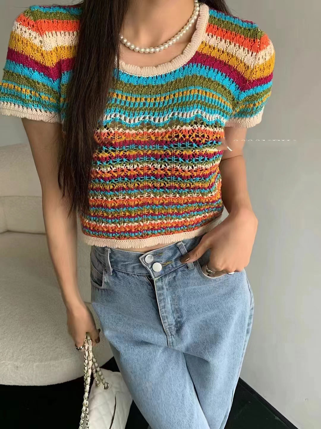 复古彩虹条纹镂空设计圆领短袖微透针织衫淑女修身显瘦甜美短上衣