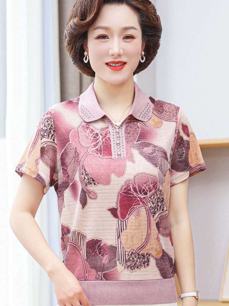 Mom Summer Dress Short Sleeve T-Shirt 2024 New Middle-aged and Elderly Women's Fashion Lapel Ice Silk Shirt Foreign Two-Piece Suit