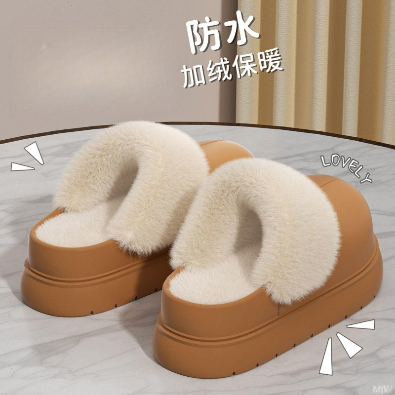秋冬季新款防水防滑外穿棉鞋室内家居加绒厚底毛绒包头棉拖女款