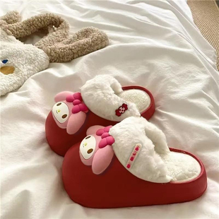 拖鞋 秋冬外穿百搭保暖可爱卡通防滑可拆卸厚底家用包头棉拖女 女款