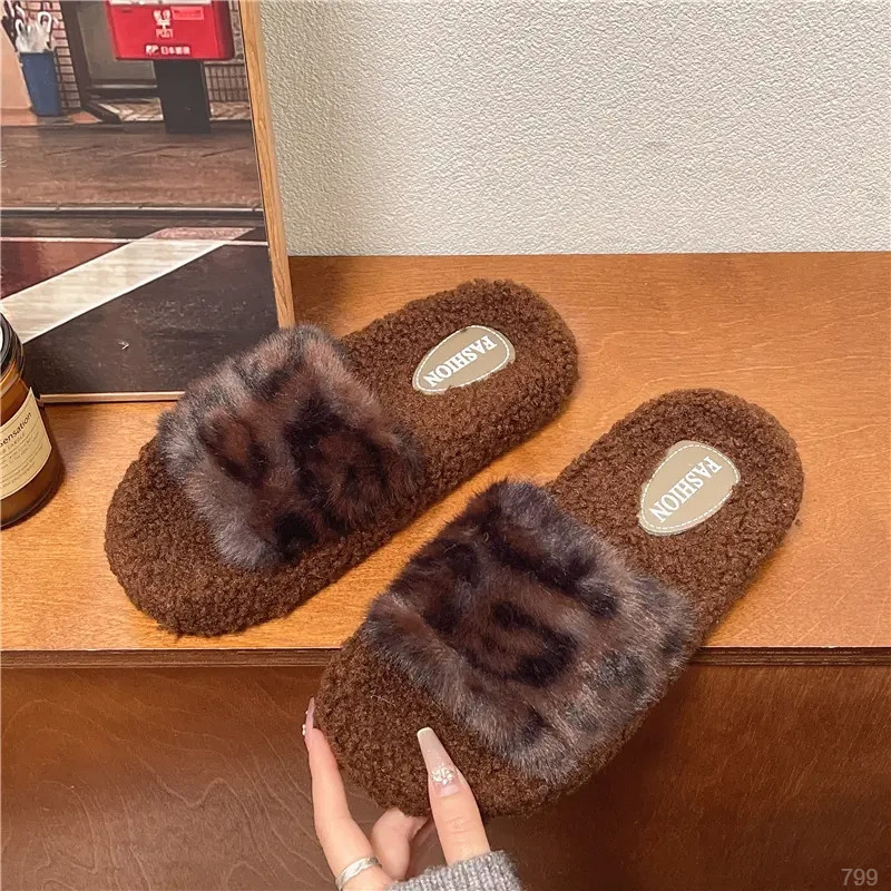 配裙子豹纹一字棉拖鞋女外穿秋冬新款舒适复古平底舒适洋气毛毛拖