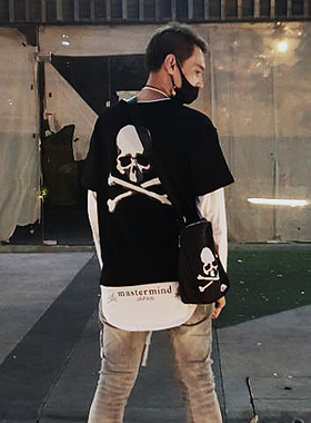 原创潮牌mmj骷髅头绣花男休闲黑色百搭单肩斜挎背包女尼龙小方包