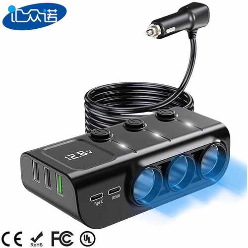 GC01车载点烟器一拖三3口USB独立开关PD120W转换器充电器大功率