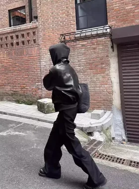 夹克pu皮皮衣短款外套男款黑色拉链上衣韩版黑色高级潮流垫肩休闲