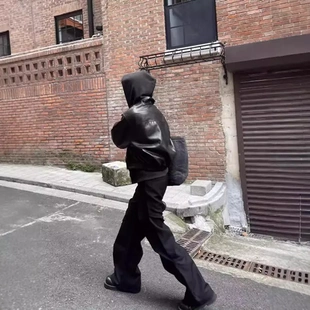 夹克pu皮皮衣短款外套男款黑色拉链上衣韩版黑色高级潮流垫肩休闲