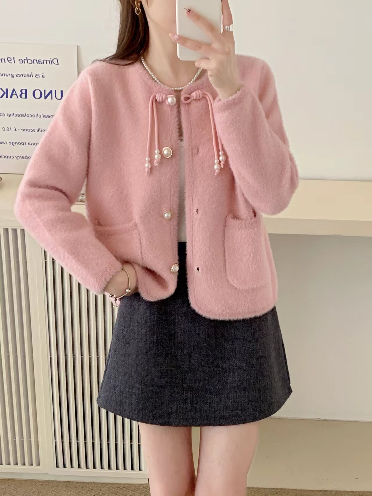 新中式国风盘扣圆领长袖针织开衫女秋冬温柔甜美软糯宽松毛衣外套