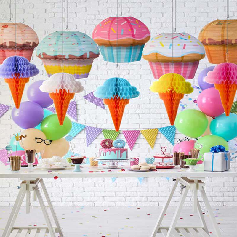 商场幼儿园走廊过道夏天吊饰雪糕蜂窝挂件生日派对装饰蛋糕灯笼