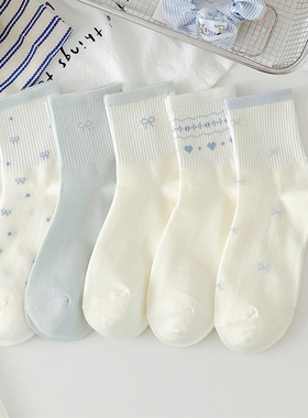 春秋冬袜子女中长筒棉袜日系清新蓝色蝴蝶结无骨防臭2025新款爆款