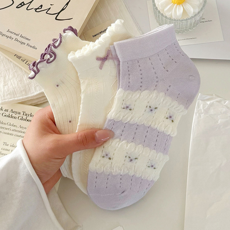 温柔风紫色花边袜子女短袜夏季薄款透气棉袜可爱甜美少女浅口船袜,女士内衣/男士内衣/家居服,短袜,淘宝优惠券,粉丝福利购,淘宝优惠卷