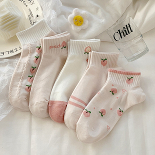 薄款 粉色水蜜桃短袜子女棉袜春秋日系ins潮夏季 学生船袜低帮可爱