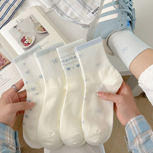 春秋新款蓝色袜子女中筒袜透气棉袜秋季韩版无骨运动风蝴蝶结长袜 - 封面