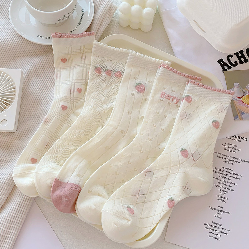 可爱日系袜子女夏天薄款透气棉质中筒袜粉色jk花边洛丽塔春秋长袜,女士内衣/男士内衣/家居服,中筒袜,淘宝优惠券,粉丝福利购,淘宝优惠卷