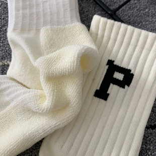 字母P袜子女棉袜秋冬长袜加厚毛圈日系运动情侣毛巾底男士中筒袜