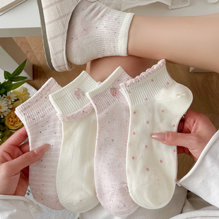 棉袜吸汗透气无骨日系花边2026新款 粉色系可爱袜子女短袜夏季 薄款