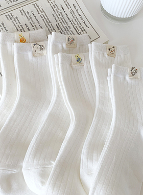 白色布标袜子女中筒袜ins潮棉袜春秋季薄款可爱日系学生少女长袜