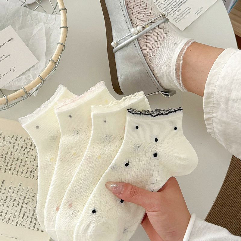 夏季薄款袜子女全网眼白色蕾丝花边波点短袜纯棉透气空调袜运动风,女士内衣/男士内衣/家居服,短袜,淘宝优惠券,粉丝福利购,淘宝优惠卷