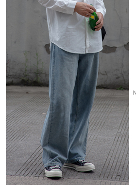 NOEARS工装高街浅蓝色牛仔裤男直筒宽松秋冬港风拖地长裤子百搭潮