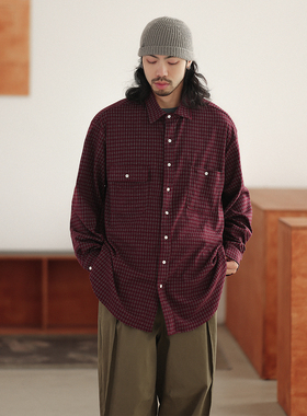 NOEARS复古红色格子衬衫免烫抗皱春秋垂感翻领宽松工装衬衣内搭潮