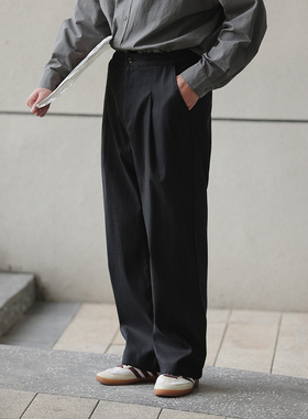 NOEARS秋冬黑色宽松基础直筒痞帅复古休闲裤日系打褶纹理天丝长裤