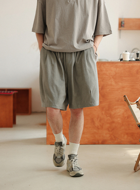 NOEARS日系复古直筒松紧腰浅灰色短裤夏季宽松设计感通勤五分裤