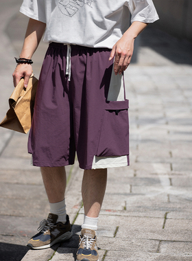 NOEARS日系复古紫色拼接休闲短裤夏季cityboy松紧抽绳工装五分裤