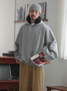 NOEARS春秋灰色连帽长袖休闲卫衣日系复古少年感套头袋鼠兜上衣