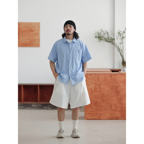 NOEARS日系复古蓝色条纹宽松廓形衬衫夏季cityboy休闲落肩衬衣