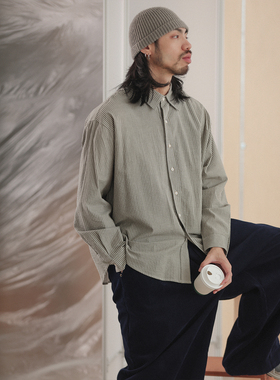 NOEARS春秋绿色条纹泡泡纱肌理长袖宽松衬衫日系cityboy复古衬衣