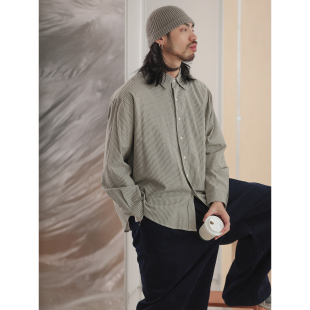 NOEARS春秋绿色条纹泡泡纱肌理长袖 日系cityboy复古衬衣 宽松衬衫