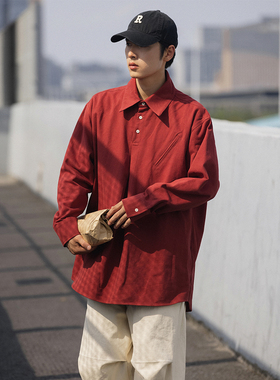 NOEARS复古日系红色衬衫男套头翻领上衣宽松cityboy廓形休闲衬衣