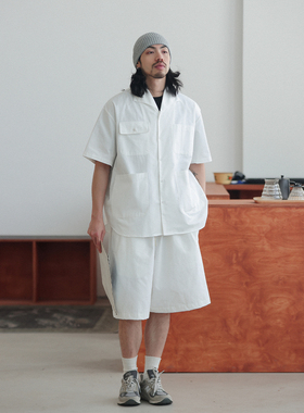NOEARS夏季复古少年感宽松落肩袖白色衬衫日系多口袋工装短袖衬衣